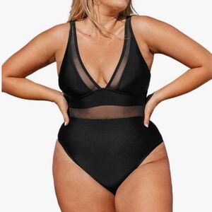 Plus size swimsuit 3X black one piece monokini tummy control mesh Cut Out new